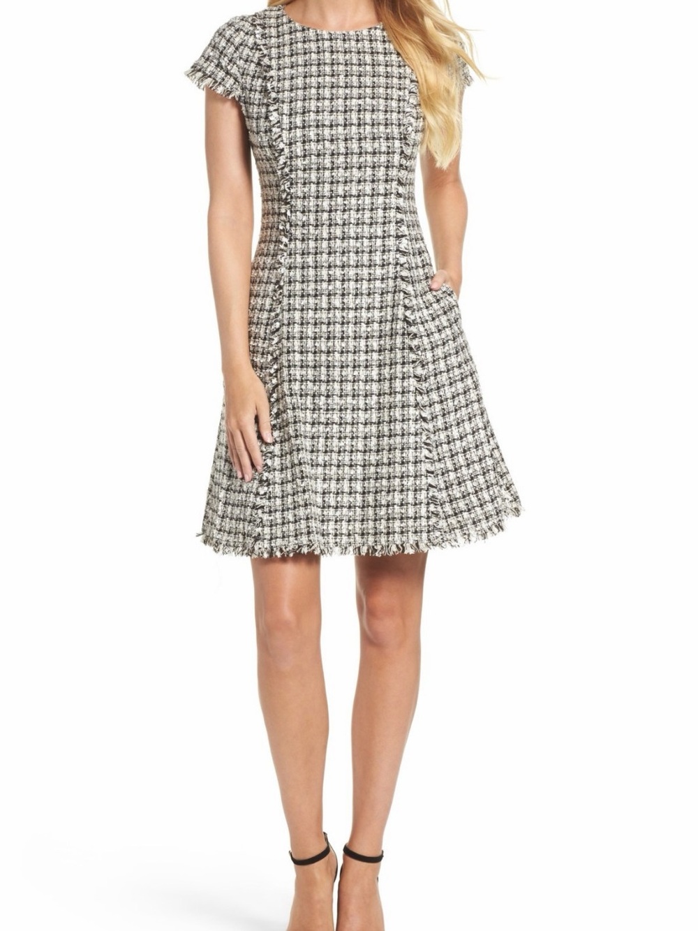 Eliza J Black and White Tweed Fit-&-Flare Dress